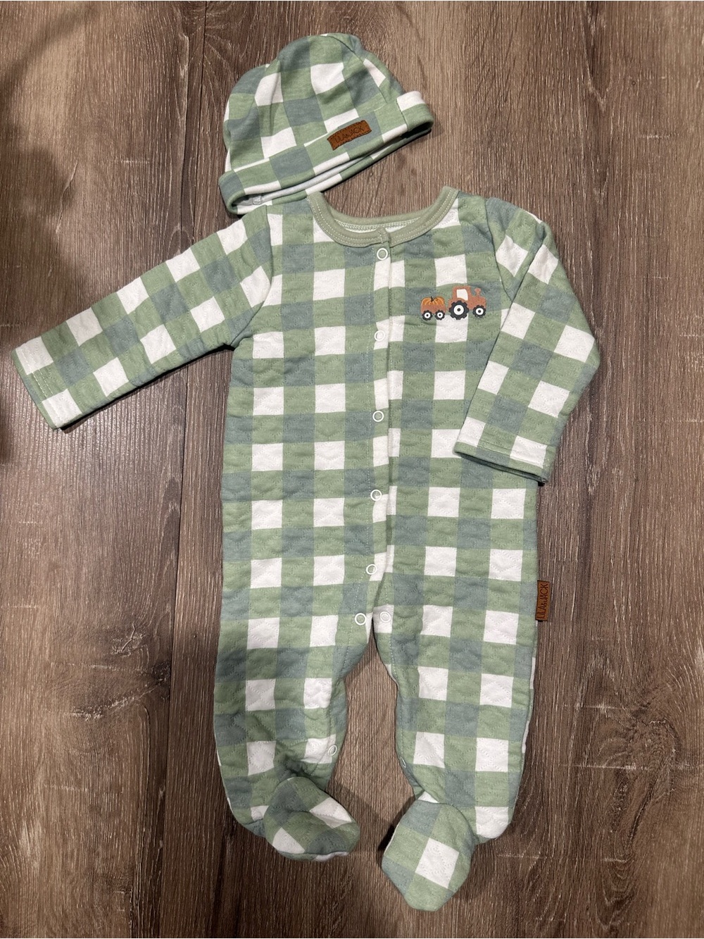 Baby One-Piece Footed Sleeper with Hat - Green Plaid
